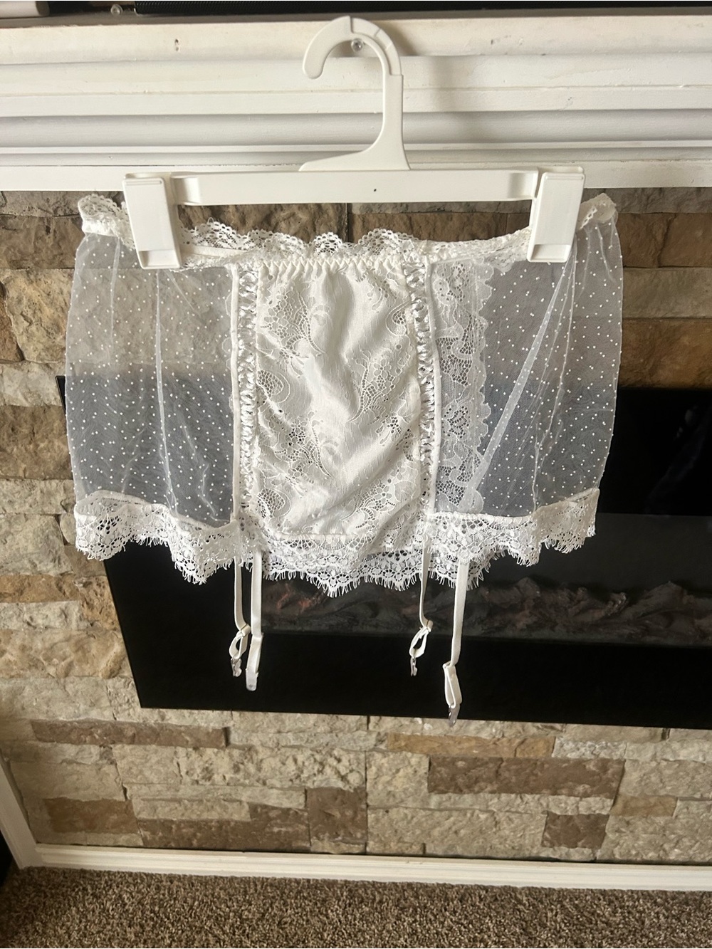 White Lace Garter Belt with Sheer Polka Dot Panels